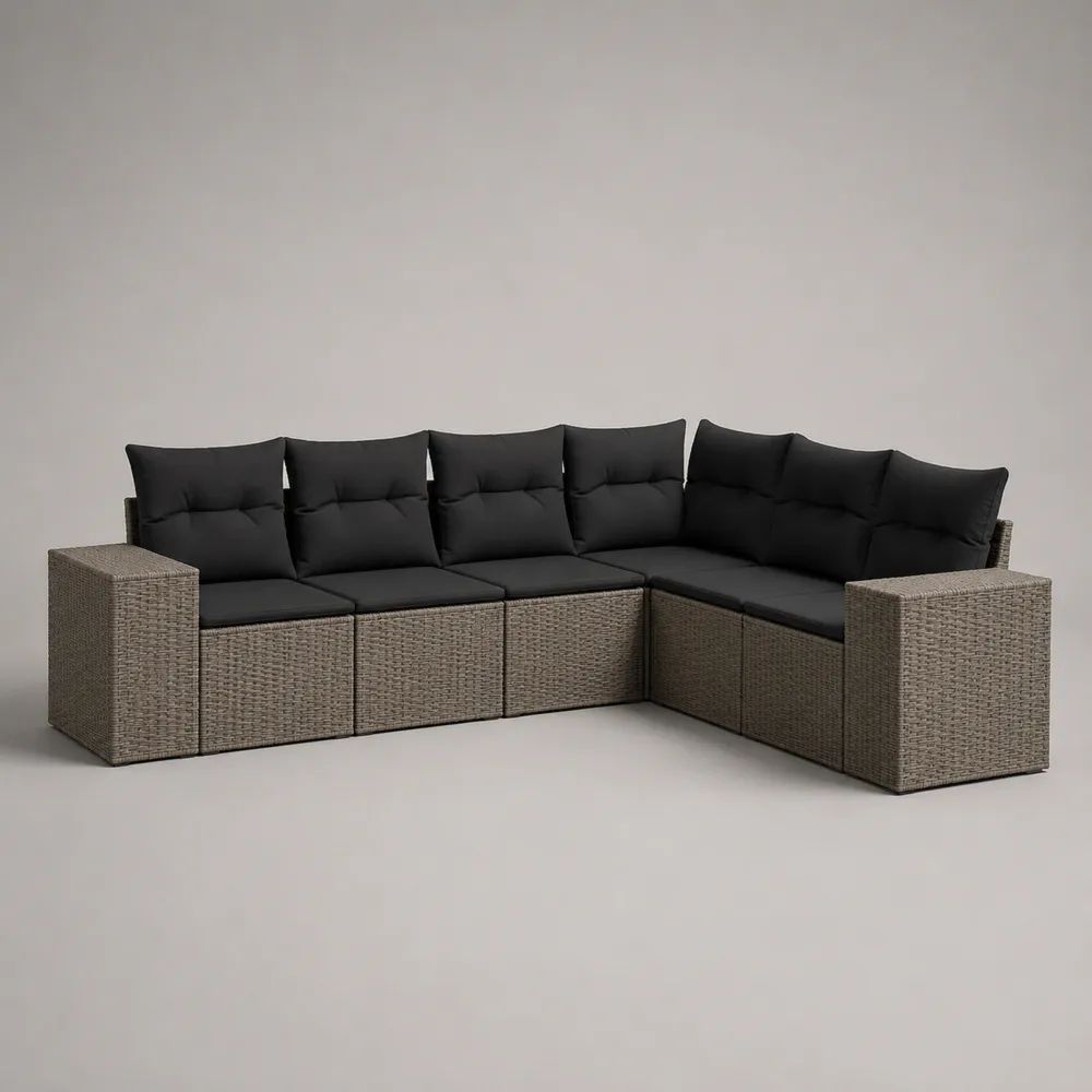 Divano angolare modulare da esterno a 6 posti in polyrattan grigio con cuscini neri, 285 x 225 x 75 cm
