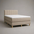 Letto matrimoniale imbottito beige con base a molle, materasso e sovramaterasso, 160 x 200 cm, dimensioni 168 x 213 x 120 cm