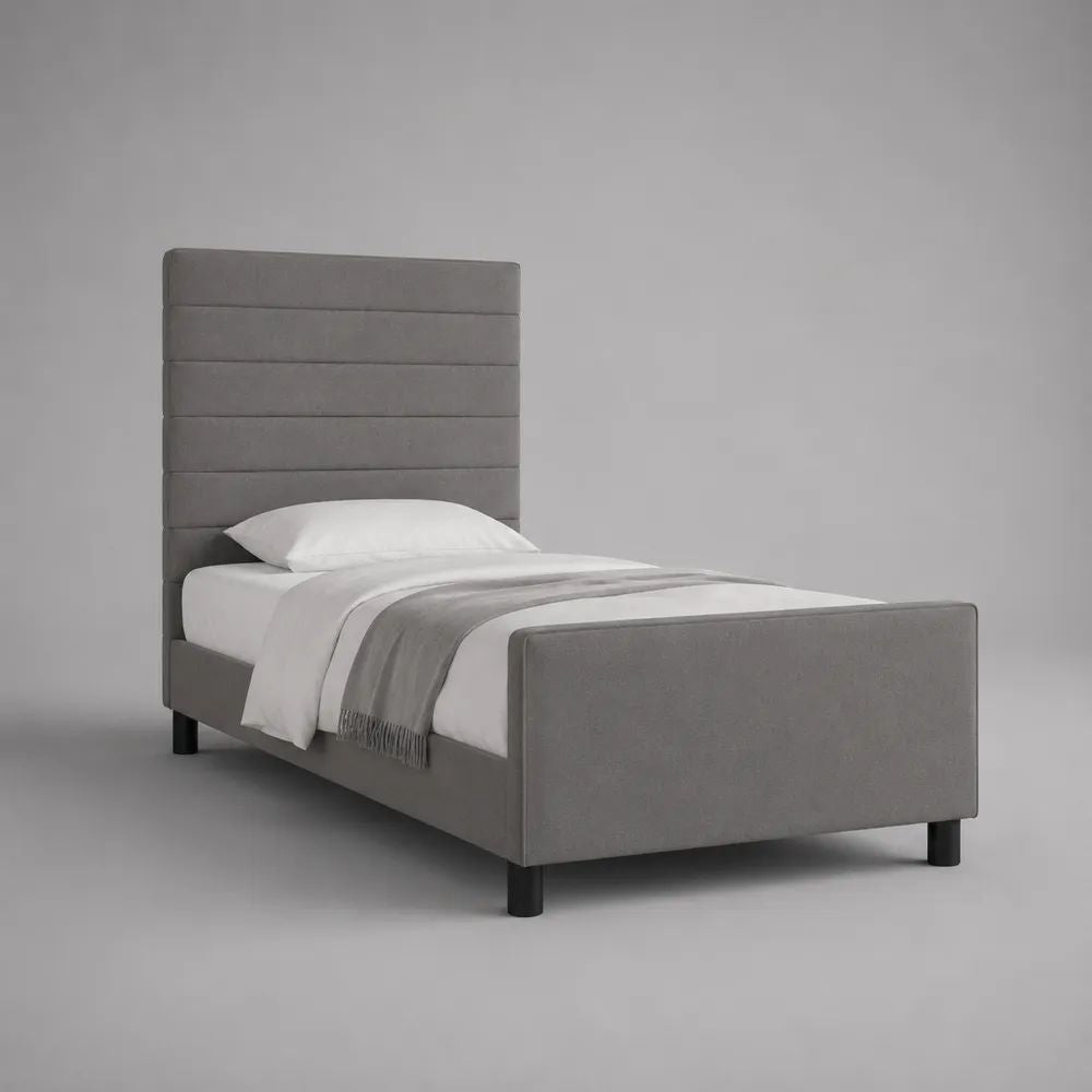 Letto singolo imbottito 90 × 200 cm in velluto grigio con testiera alta a pannelli e piedini neri