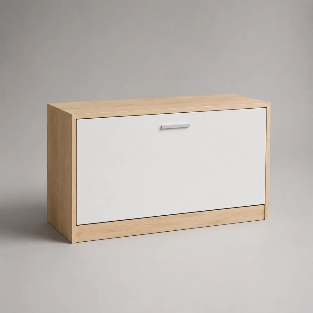 Scarpiera salvaspazio a ribalta in legno, rovere chiaro e bianco, 80 x 24 x 50 cm