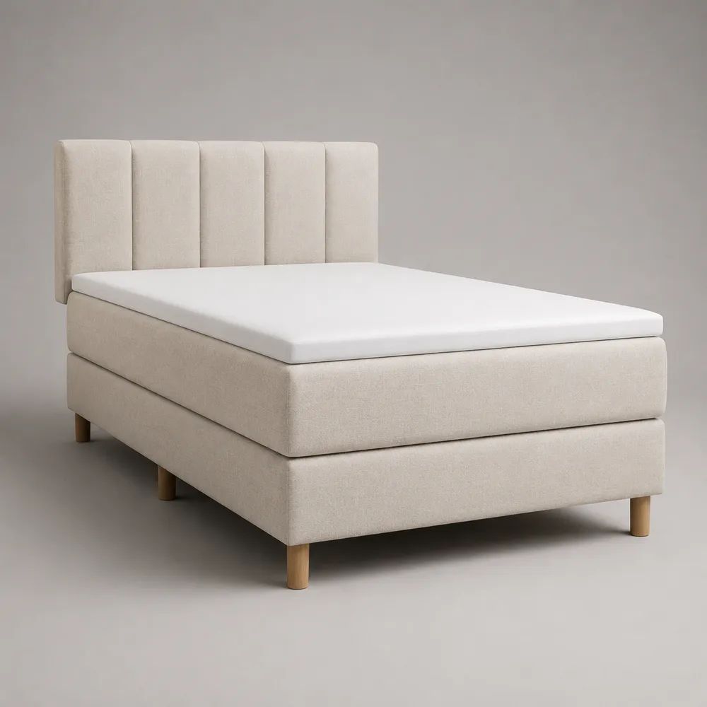 Letto boxspring matrimoniale completo in tessuto beige 160 x 200 cm con testiera, materasso e topper, 170 x 210 x 120 cm