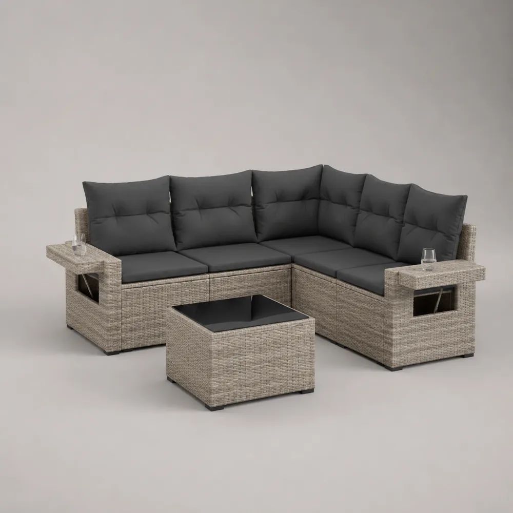 Set da esterno 2 pezzi in polyrattan grigio tortora con divano angolare a 5 posti 223 x 223 x 73 cm e tavolino 65 x 65 x 36 cm