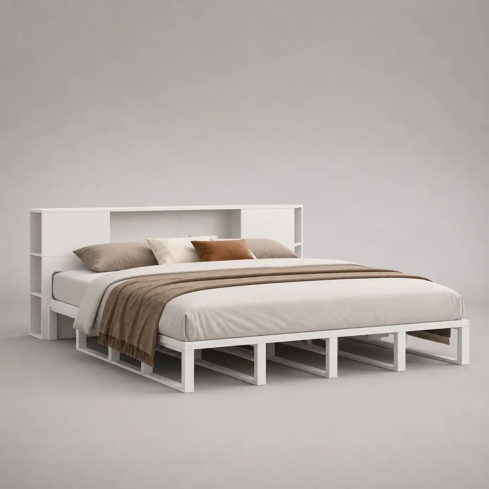 Letto matrimoniale bianco 180 x 200 cm con testiera libreria, struttura in acciaio e MDF, dimensioni 240 x 214 x 110 cm