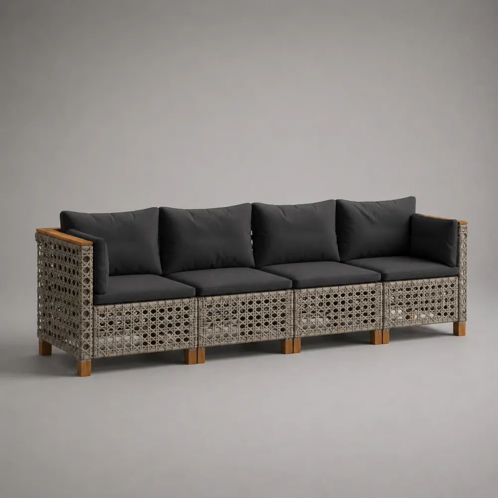 Set divano modulare da giardino 4 pezzi e 4 posti in rattan PE grigio e legno di acacia con cuscini antracite, 270 × 75 × 73 cm