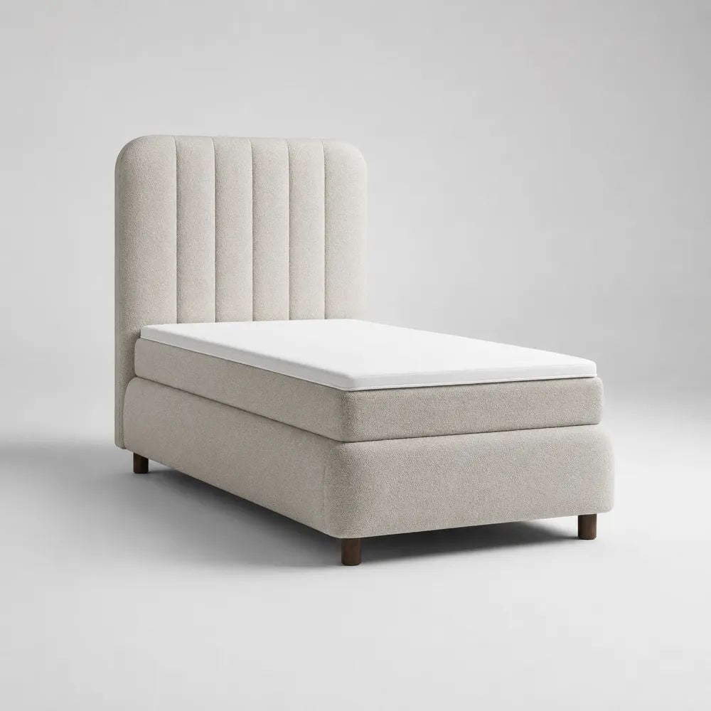 Letto continentale singolo 90 × 200 cm beige con materasso, sovramaterasso e testiera imbottita in tessuto bouclé