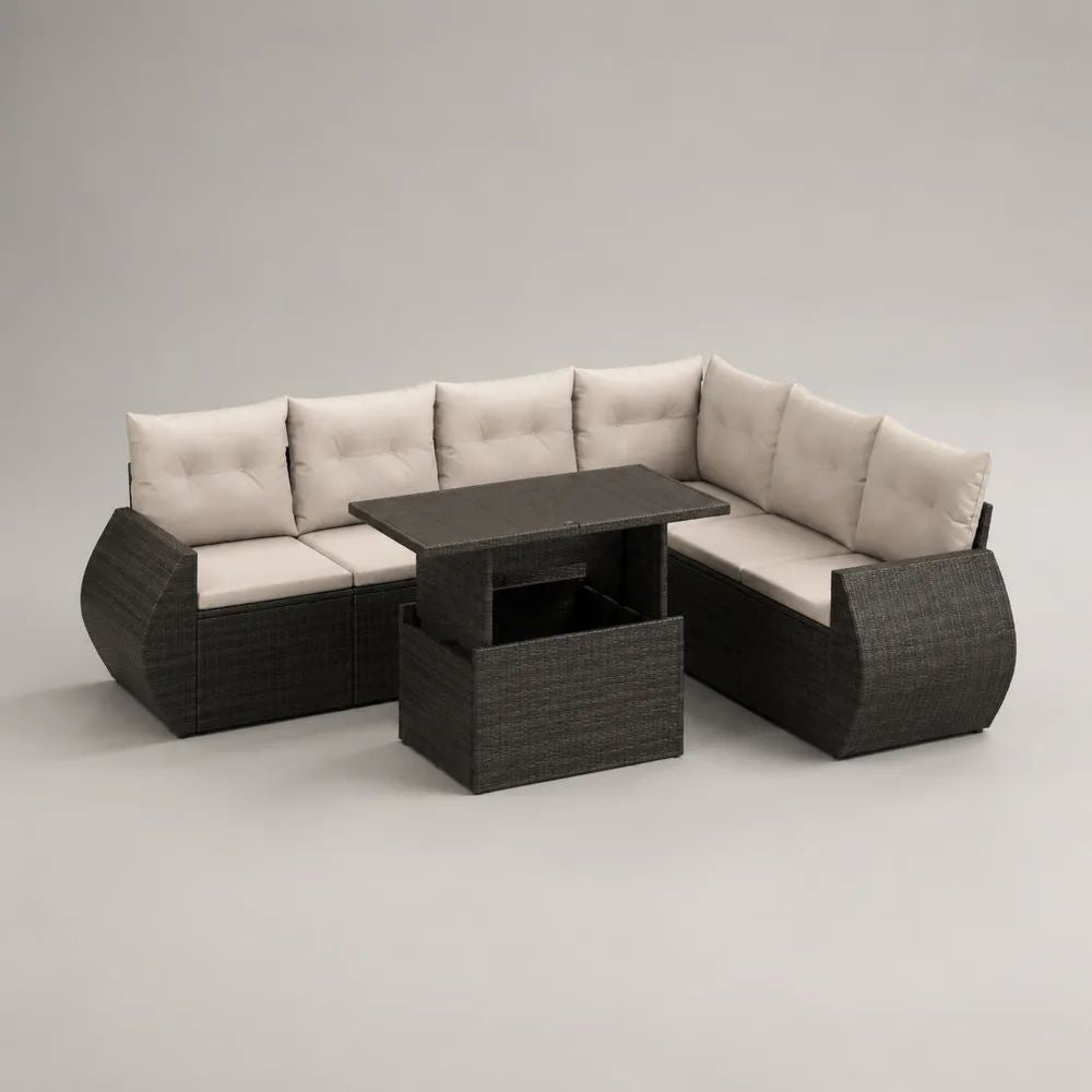 Set divano angolare da esterno a L a 6 posti con tavolo elevabile in rattan PE e acciaio, marrone scuro e beige, 223 x 173 x 74 cm