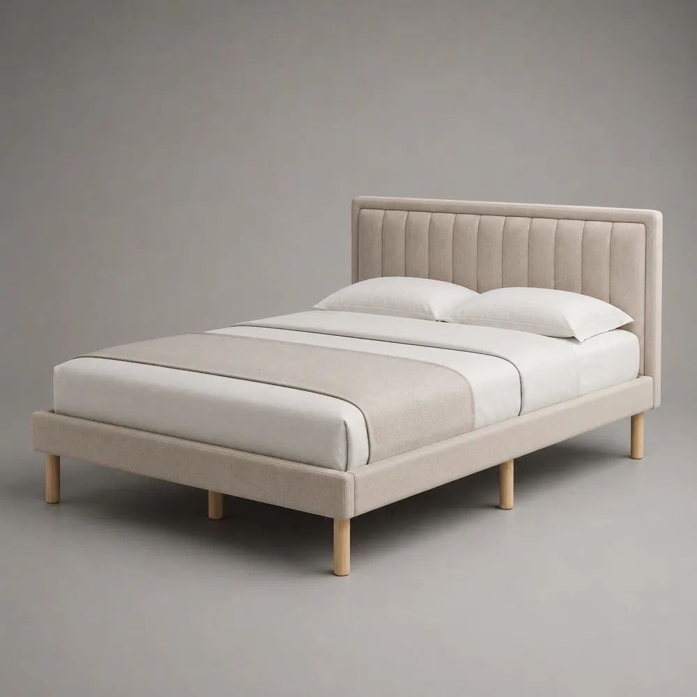 Letto matrimoniale imbottito 160 x 200 cm in poliestere beige con testiera a pannelli verticali e gambe in legno massello