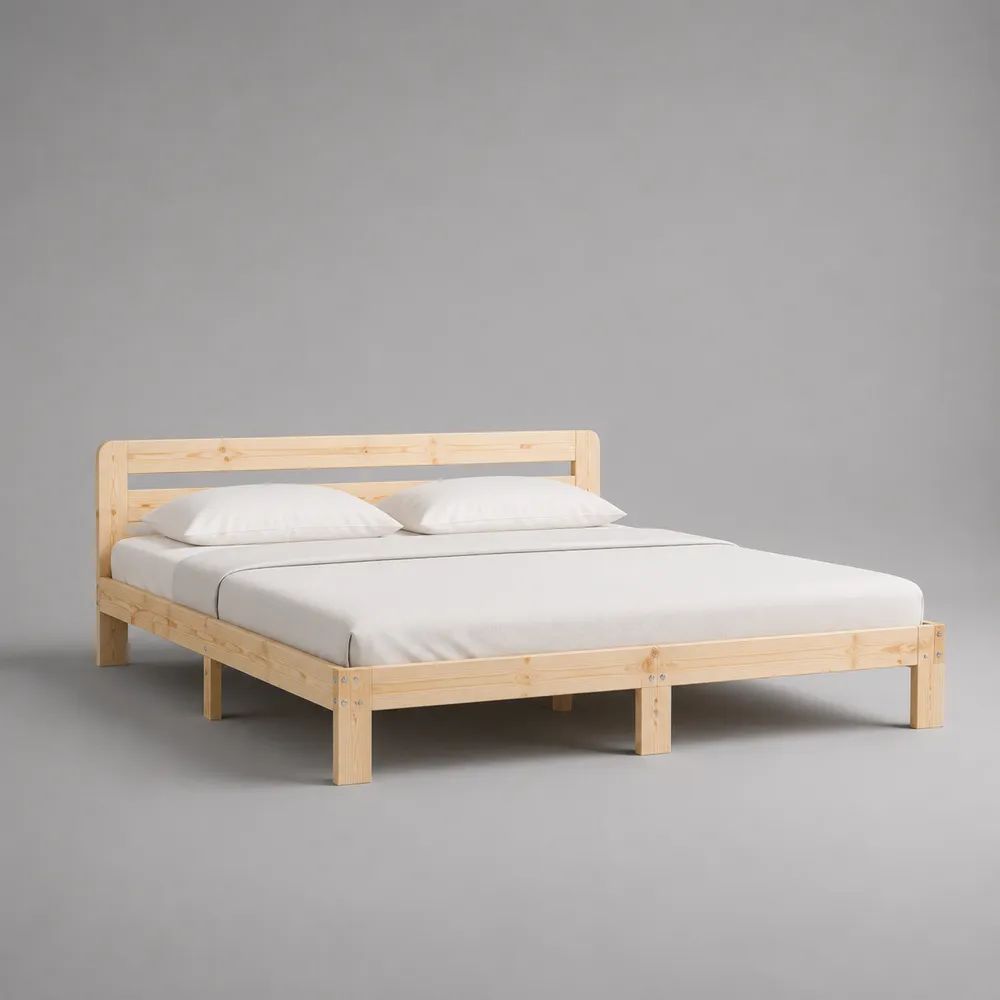 Letto matrimoniale 160 x 200 cm in pino massello naturale con testiera e rete a doghe