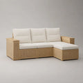 Divano da giardino a L a 3 posti con penisola destra, in legno massello di acacia e rattan PE, beige naturale e bianco crema, 220 x 145 x 80 cm