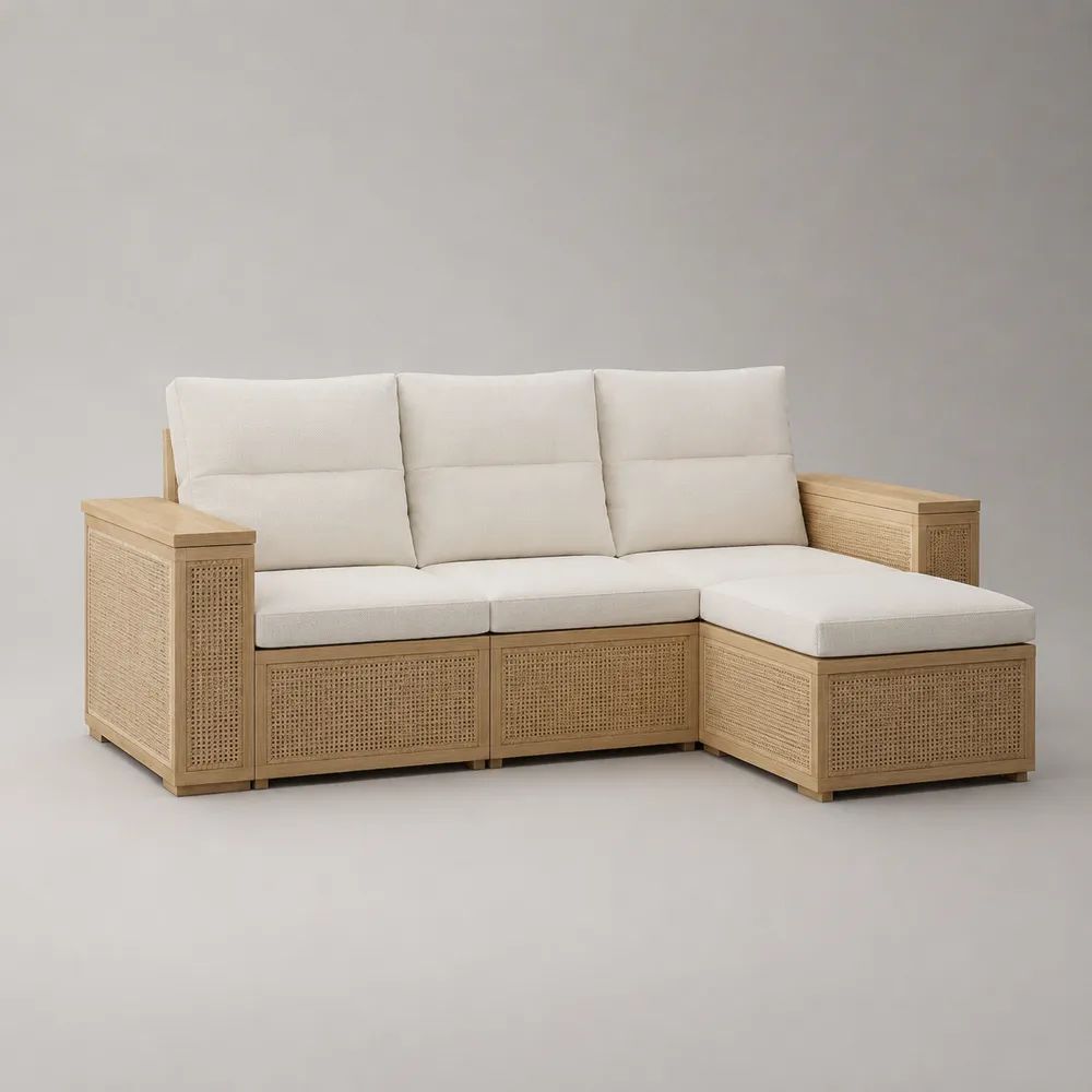Divano da giardino a L a 3 posti con penisola destra, in legno massello di acacia e rattan PE, beige naturale e bianco crema, 220 x 145 x 80 cm