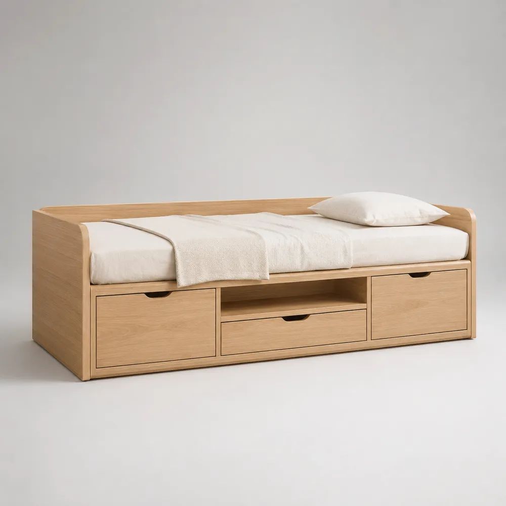 Letto singolo in legno con contenitore, 3 cassetti e vano aperto, rovere naturale, materasso 90 x 190 cm, dimensioni 200 x 96 x 72 cm