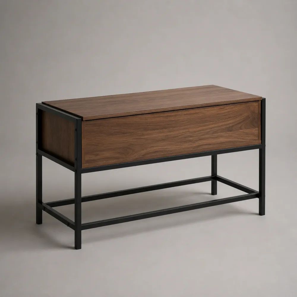 Scarpiera da ingresso con anta a ribalta, struttura in acciaio e pannelli in MDF, marrone noce e nero, 100 × 35 × 70 cm