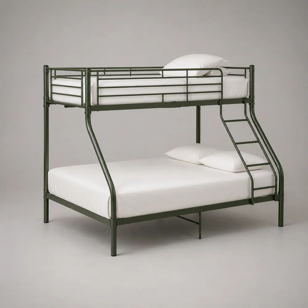 Letto a castello 3 posti in acciaio verde oliva scuro, 200 x 145 x 170 cm, reti da 90 x 190 cm e 140 x 190 cm