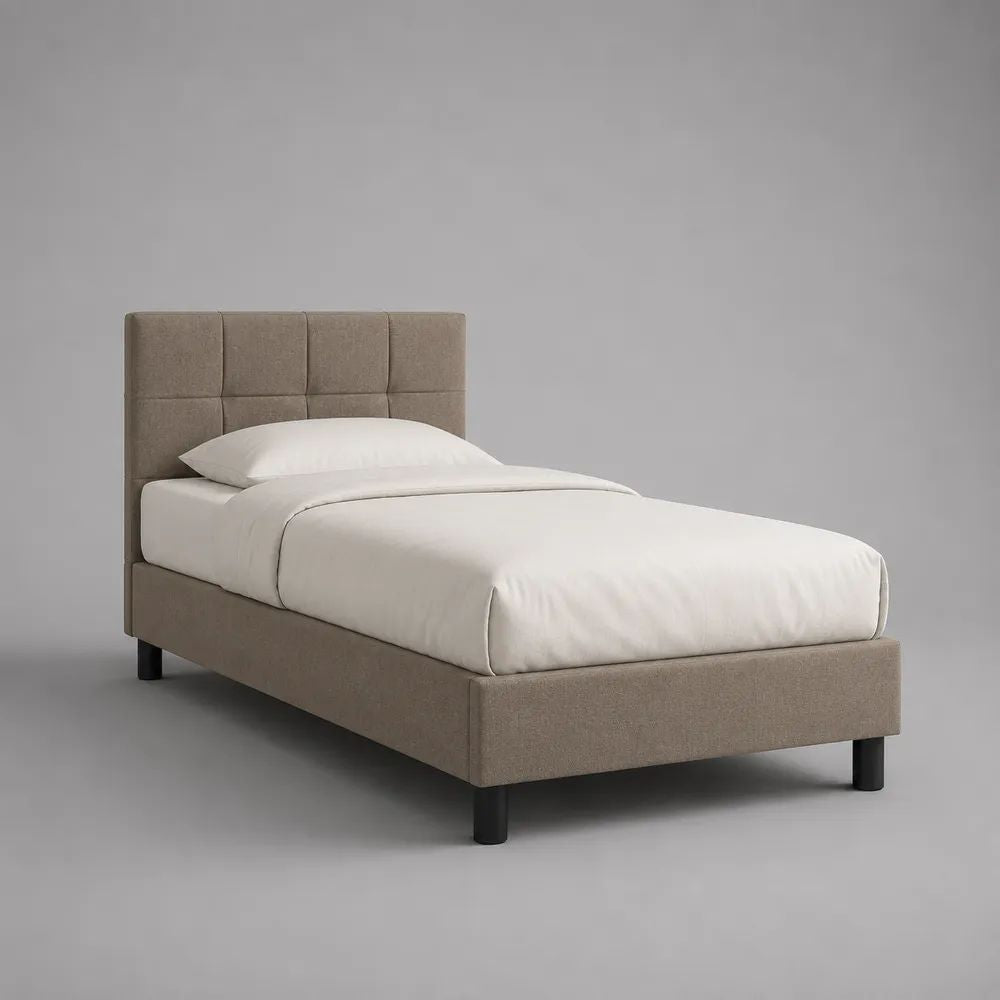 Letto singolo imbottito in tessuto con rete a doghe, tortora e nero, 101 x 215 x 110 cm, per materasso 90 x 200 cm