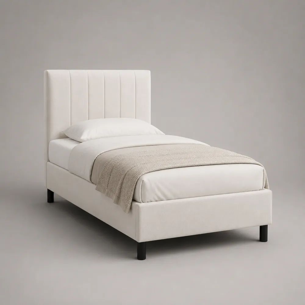 Letto singolo imbottito 99 x 214 x 110 cm per materasso 90 x 200 cm, testiera a canali verticali, rivestimento in tessuto crema e piedi neri