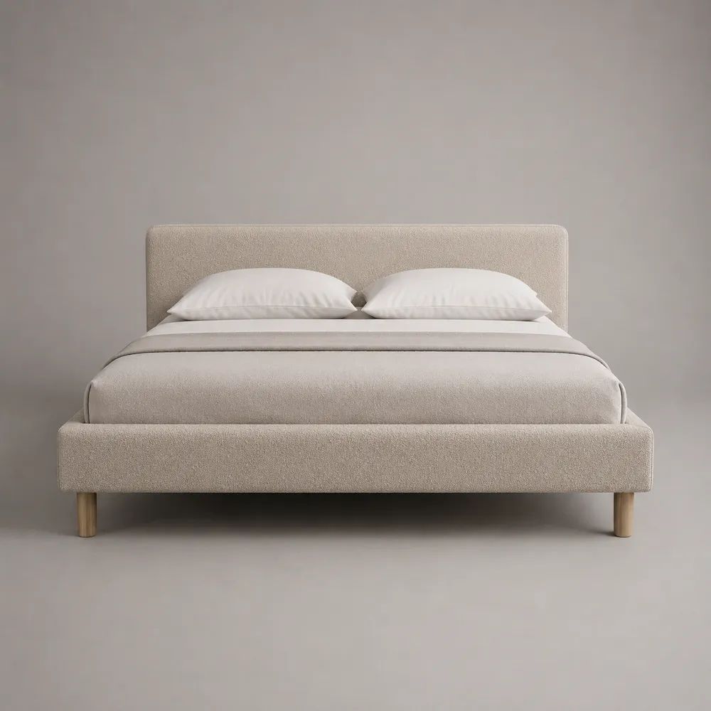 Struttura letto matrimoniale imbottita in tessuto bouclé beige, rete 160 x 200 cm, dimensioni 176 x 218 x 105 cm