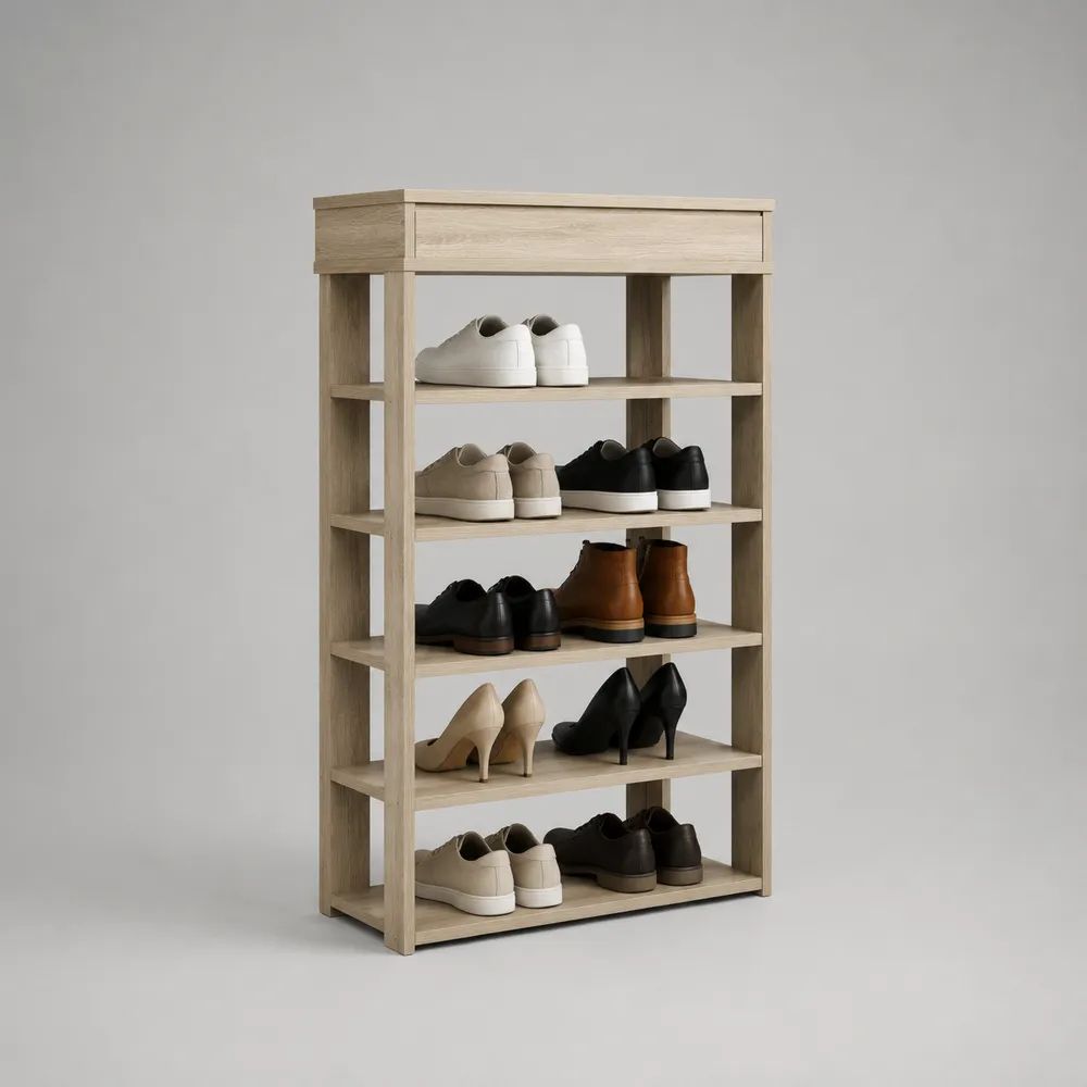 Scarpiera aperta con cassetto superiore e 5 ripiani in legno, rovere chiaro, 70 x 30 x 125 cm