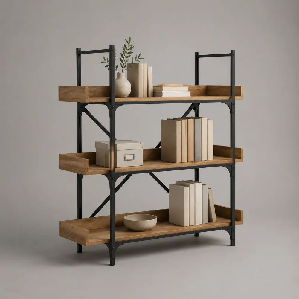 Libreria rettangolare industriale a 3 ripiani in acciaio verniciato e pannello truciolare effetto rovere, marrone rovere e nero, 100 x 35 x 120 cm