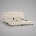 Letto matrimoniale imbottito in similpelle PU crema con testiera ovale e rete a doghe 160 x 200 cm, 240 x 220 x 108 cm