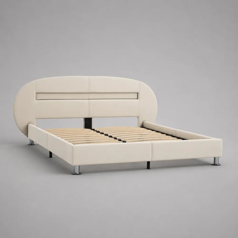 Letto matrimoniale imbottito in similpelle PU crema con testiera ovale e rete a doghe 160 x 200 cm, 240 x 220 x 108 cm