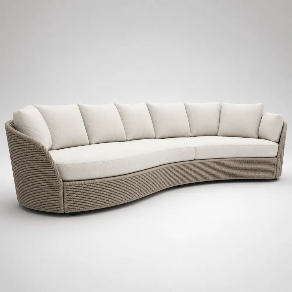 Divano da giardino curvo a 4 posti in corda di polipropilene e poliestere beige crema, 300 x 115 x 82 cm