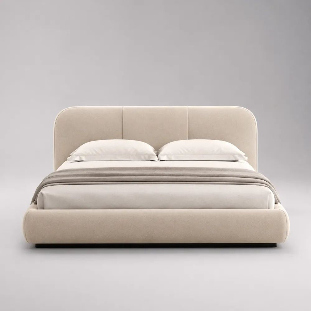 Letto matrimoniale imbottito beige e nero 180 x 220 x 105 cm, rete 160 x 200 cm e testiera arrotondata