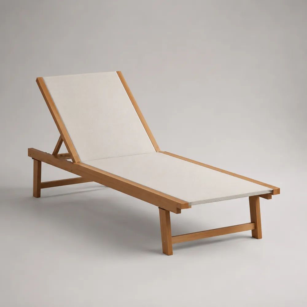 Lettino prendisole da esterno regolabile in legno massello di acacia e tessuto avorio, 190 x 65 x 82 cm