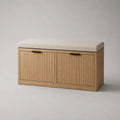 Scarpiera panca rettangolare in legno con seduta imbottita e 2 ante, rovere naturale e beige, 100 x 35 x 50 cm
