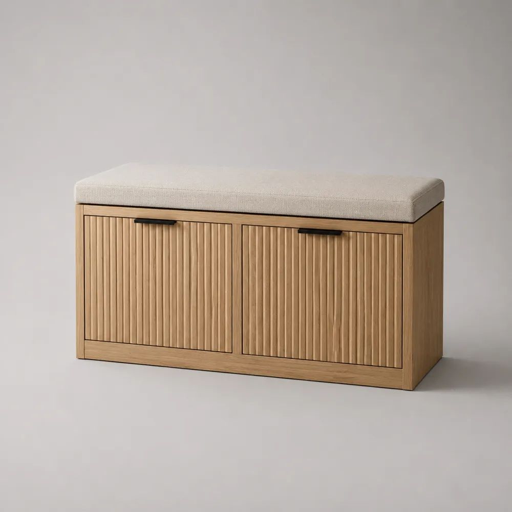 Scarpiera panca rettangolare in legno con seduta imbottita e 2 ante, rovere naturale e beige, 100 x 35 x 50 cm
