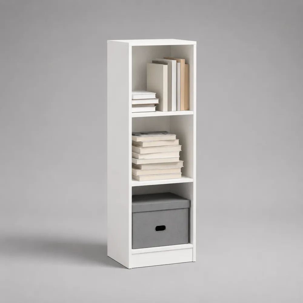 Libreria stretta rettangolare a 3 vani in pannello truciolare melaminico bianco, 40 x 30 x 120 cm