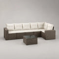 Set da giardino angolare a L da 5 posti in polyrattan marrone con cuscini crema e tavolino, 275 x 205 x 73 cm