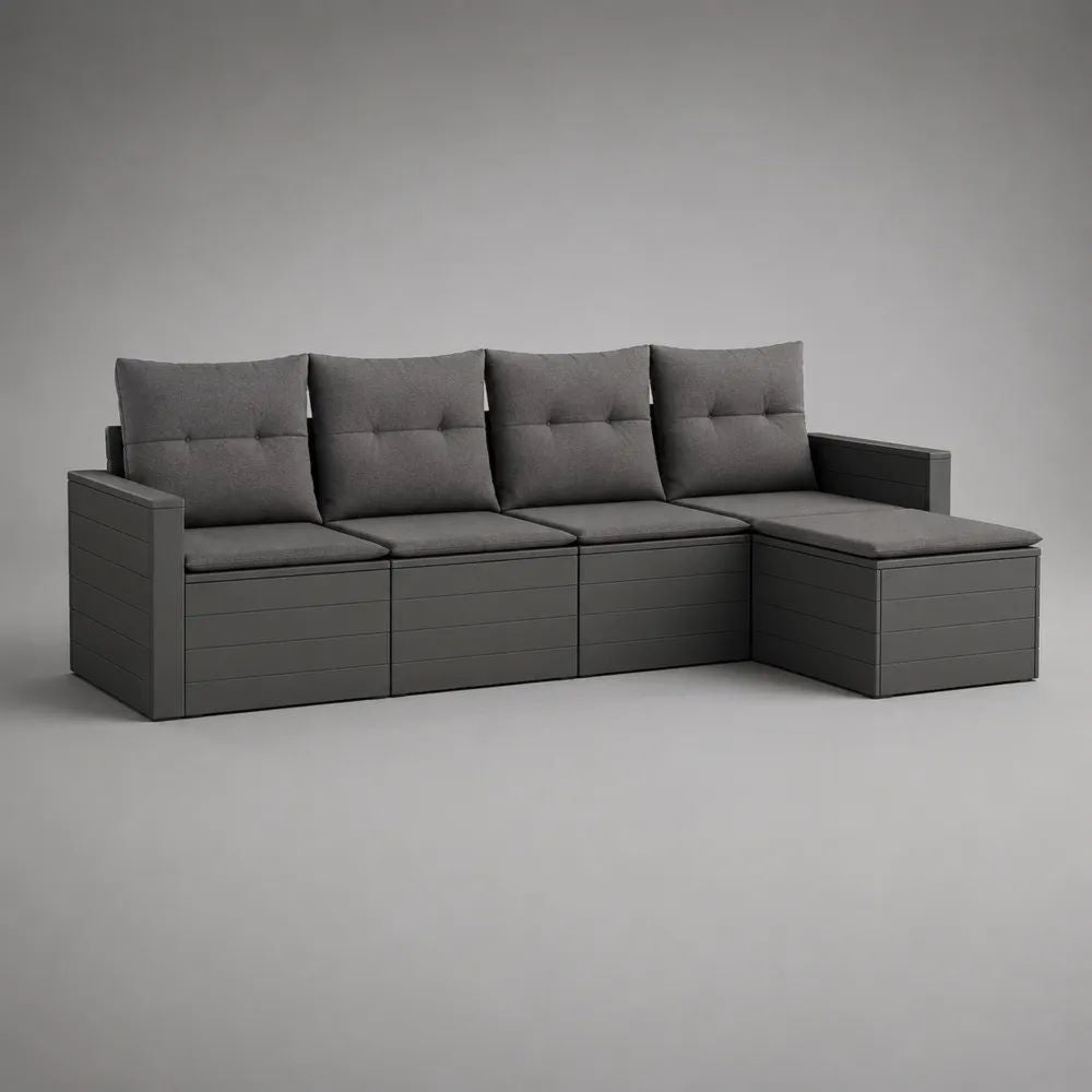 Divano angolare da giardino a 4 posti in polipropilene con penisola destra e cuscini, grigio antracite/grigio scuro, 257 × 160 × 84 cm