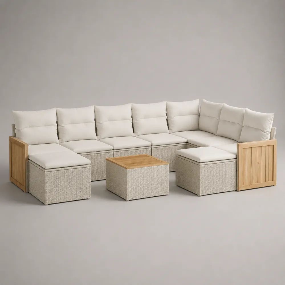 Set salotto da giardino modulare 9 pezzi in rattan PE e legno di acacia beige, divano angolare a L, tavolino e 2 poggiapiedi, 305 x 220 x 76 cm