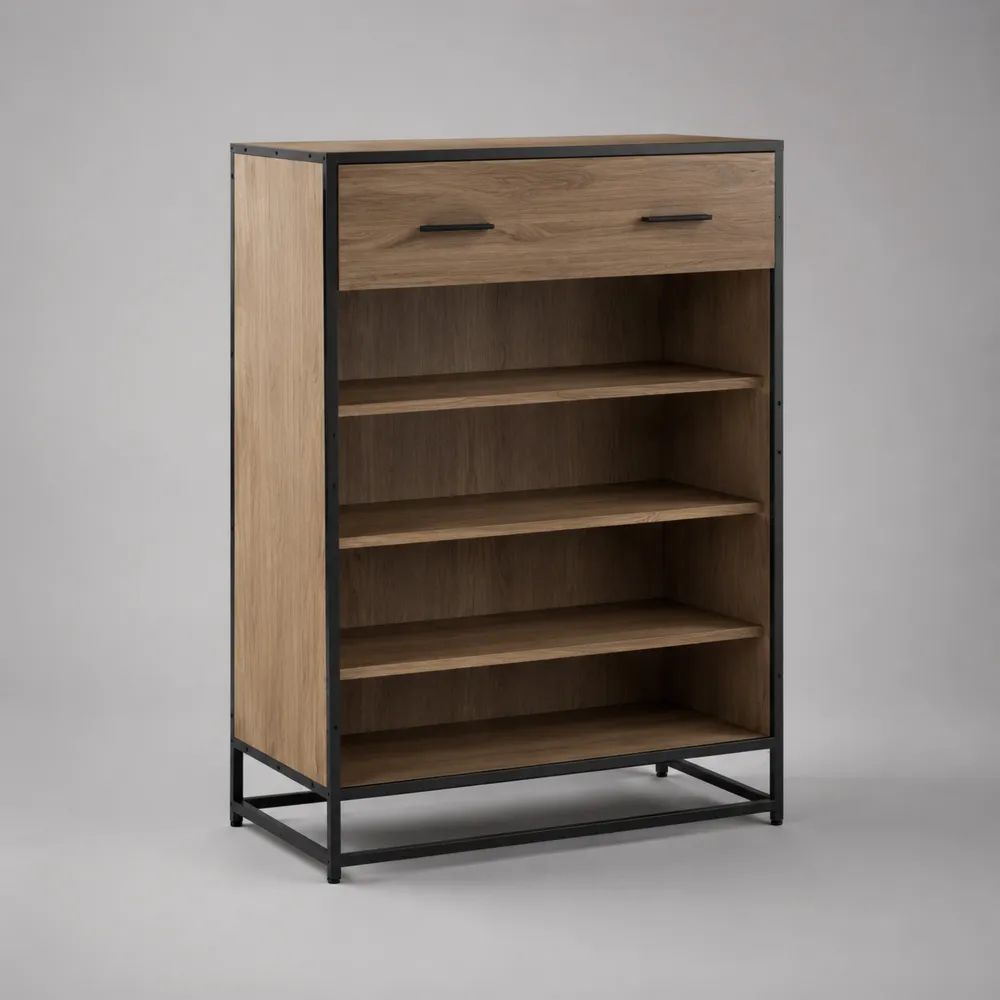 Scarpiera rettangolare con cassetto e 4 ripiani in pannello truciolare e acciaio, rovere naturale e nero, 80 × 35 × 120 cm