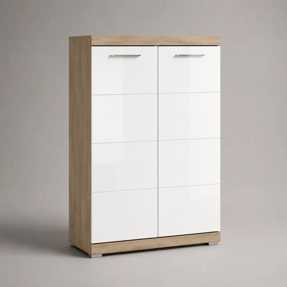 Scarpiera rettangolare a 2 ante con 6 ripiani regolabili in pannello truciolare melaminico, bianco e rovere chiaro, 80 x 35 x 120 cm