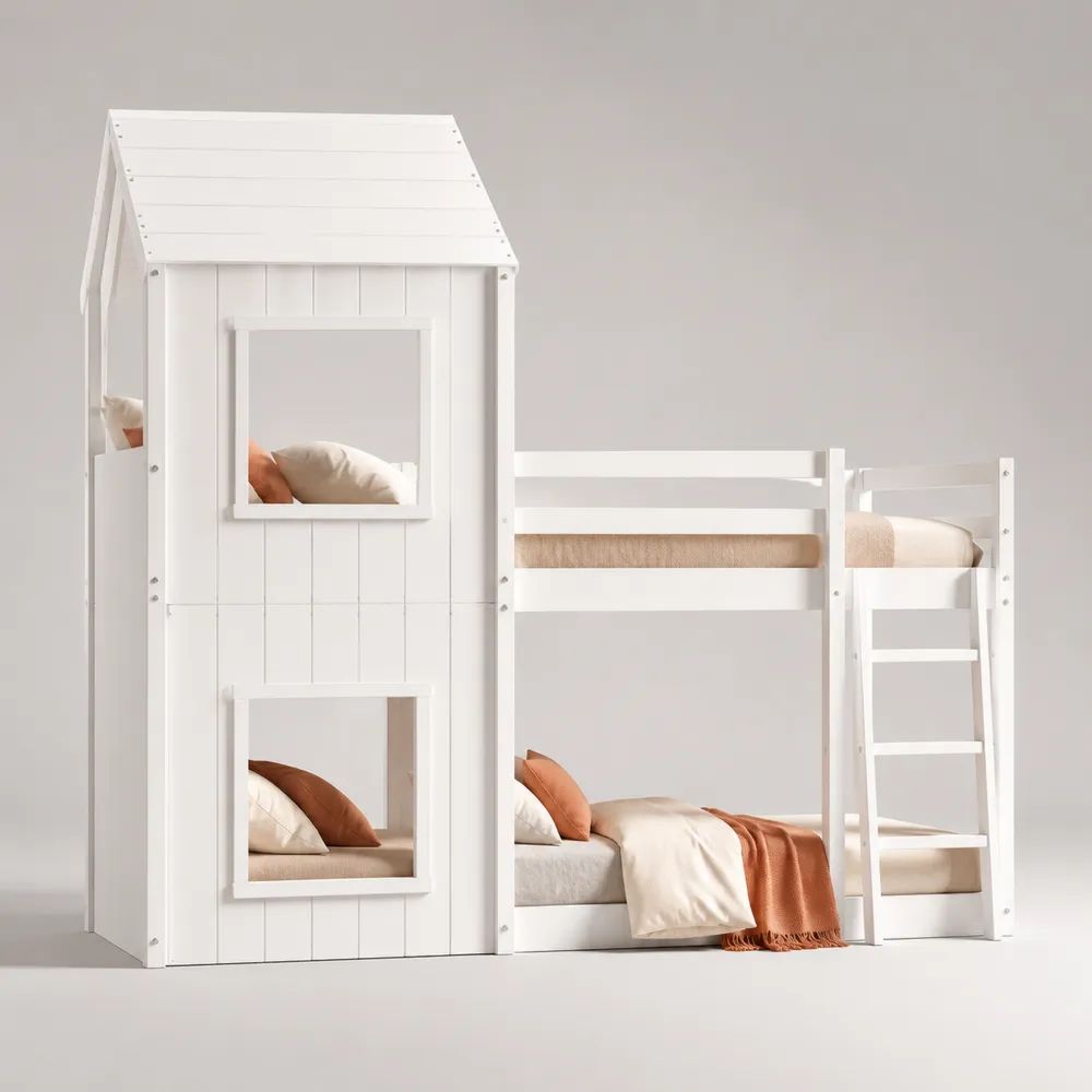 Letto a castello per bambini a forma di casetta in pino massello bianco, 2 posti letto da 90 x 200 cm, dimensioni 208 x 104 x 218 cm