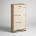 Scarpiera salvaspazio in MDF e truciolare melaminico con 3 ante ribaltabili e 1 cassetto, avorio, rovere naturale e ottone, 60 x 24 x 130 cm